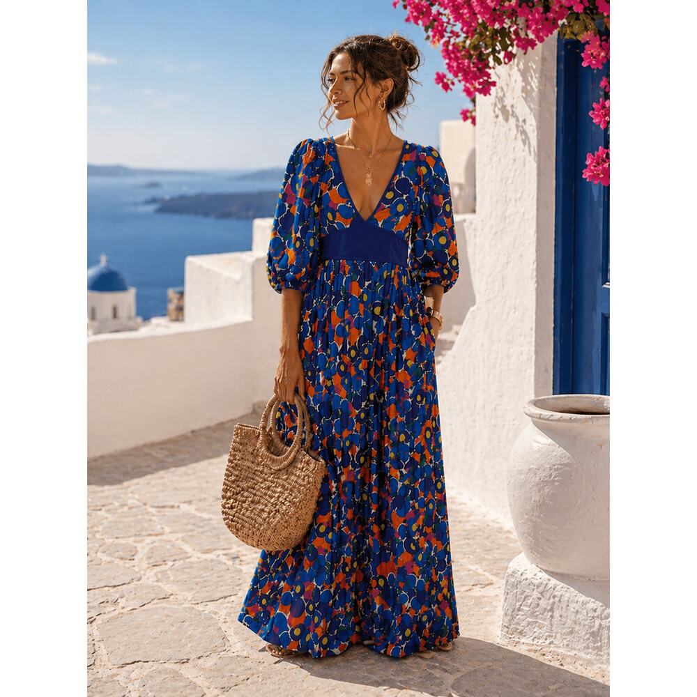 NWT STAUD Affogato Maxi Dress Colorful Patchwork Puff Sleeve Size 4 - Picture 1 of 12